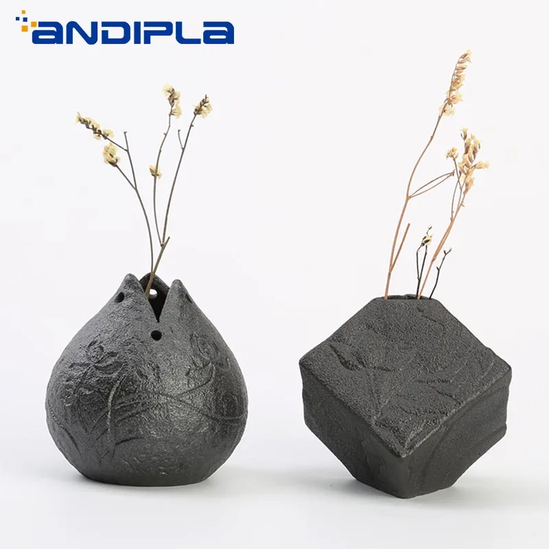 Черная грубая керамическая ваза Zen Lotus ароматическая бутылка с сушеными цветами