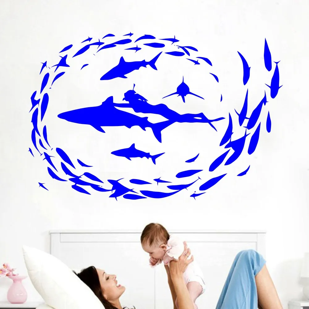 

High quality learning diver diving fish sea shark vinyl wall stickers living room bedroom home decorative wall art decals Y-8