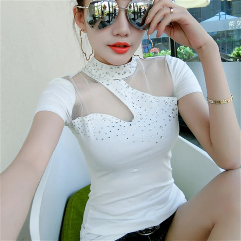Женская футболка Стразы Сексуальная сетчатая пряжа с коротким рукавом Новые
