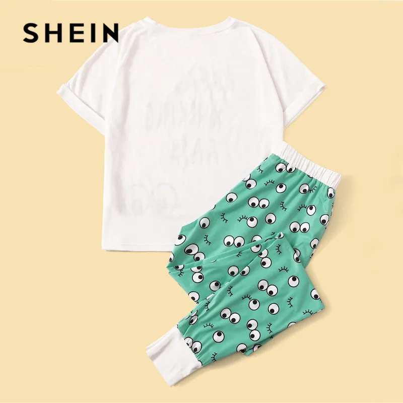 SHEIN Пижамный Комплект Футболка С Текстовым Принтом И Брюки Летний Повседневный Комплект
