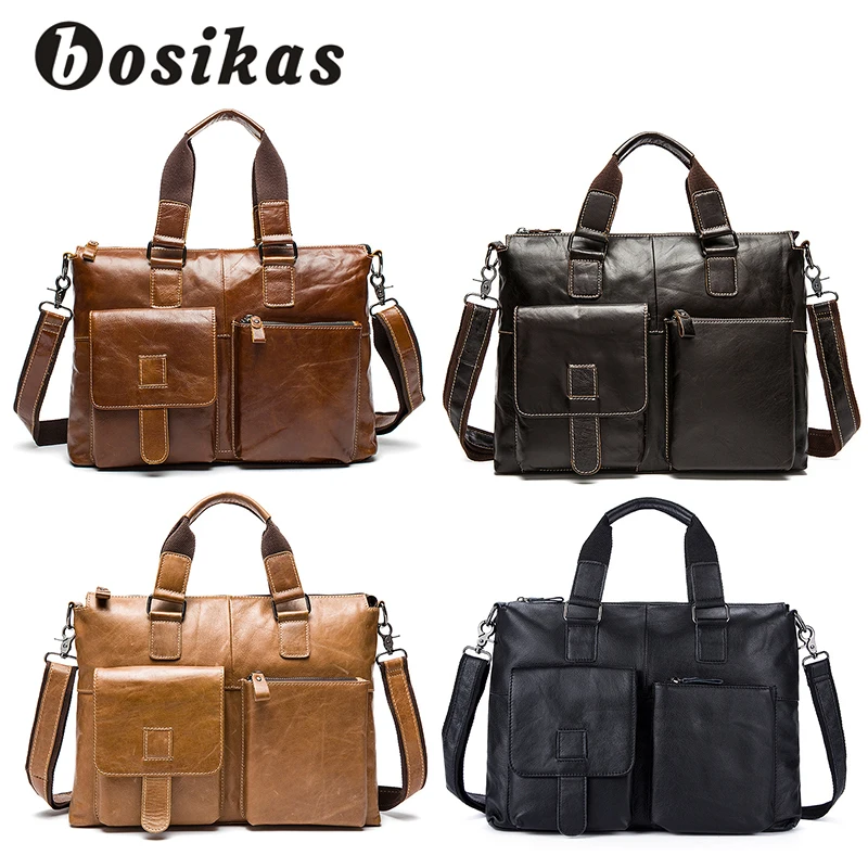 BOSIKAS Мужские портфели из натуральной кожи однотонные кожаные сумки мессенджеры