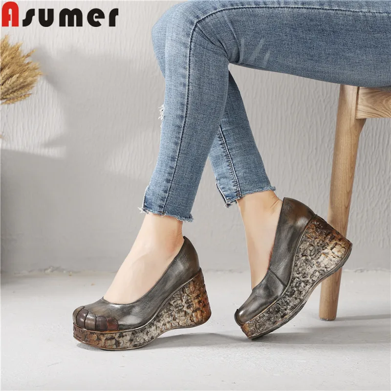 ASUMER mew/обувь из натуральной кожи Женские туфли на низком каблуке с круглым носком