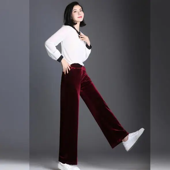 Женские вельветовые длинные брюки теплые широкие с эластичной талией большого