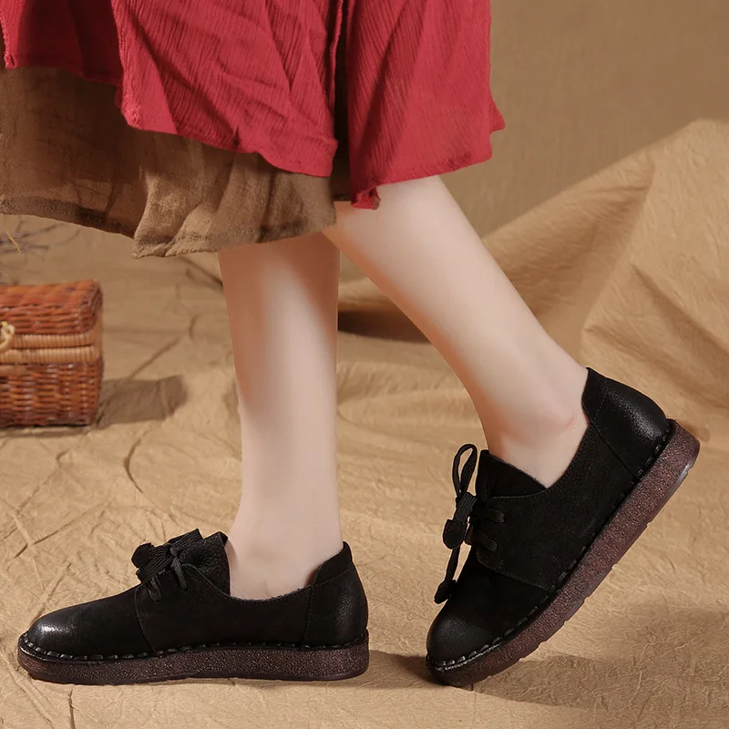 

Johnature 2021 New Spring/Autumn Genuine Leather Lace-up Round Toe Solid Casual Retro Cross-tied Flat Platform Women Shoes