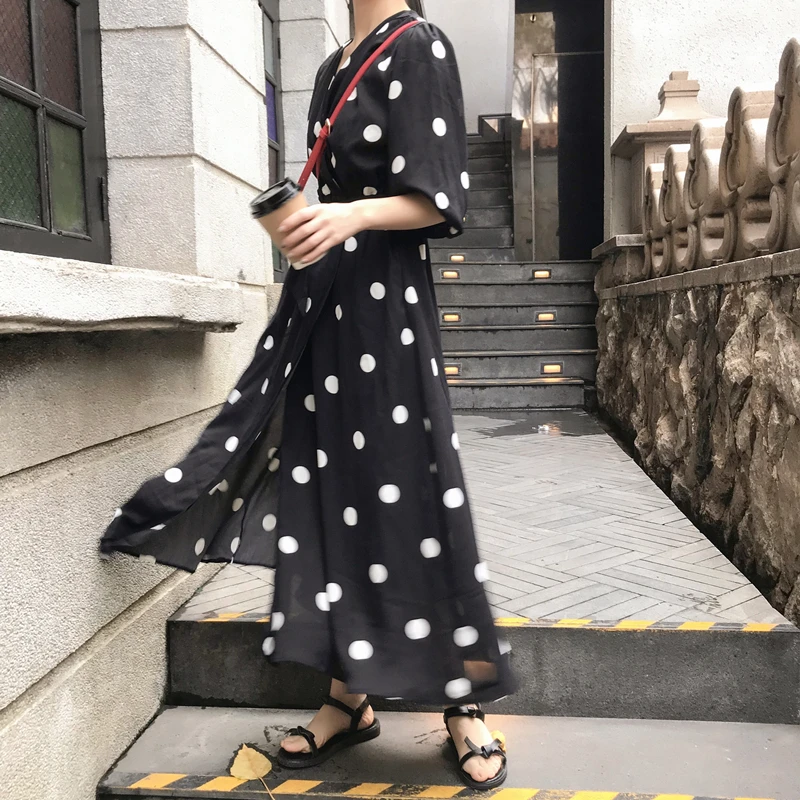 2019 новый летний французский большая волна точка платья женские большие размеры v