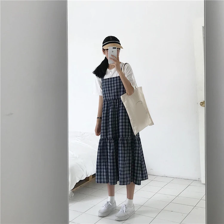 Летнее клетчатое платье в консервативном стиле без рукавов, льняное длинное платье, женское повседневное свободное платье в клетку, сарафан в Стиле Лолита