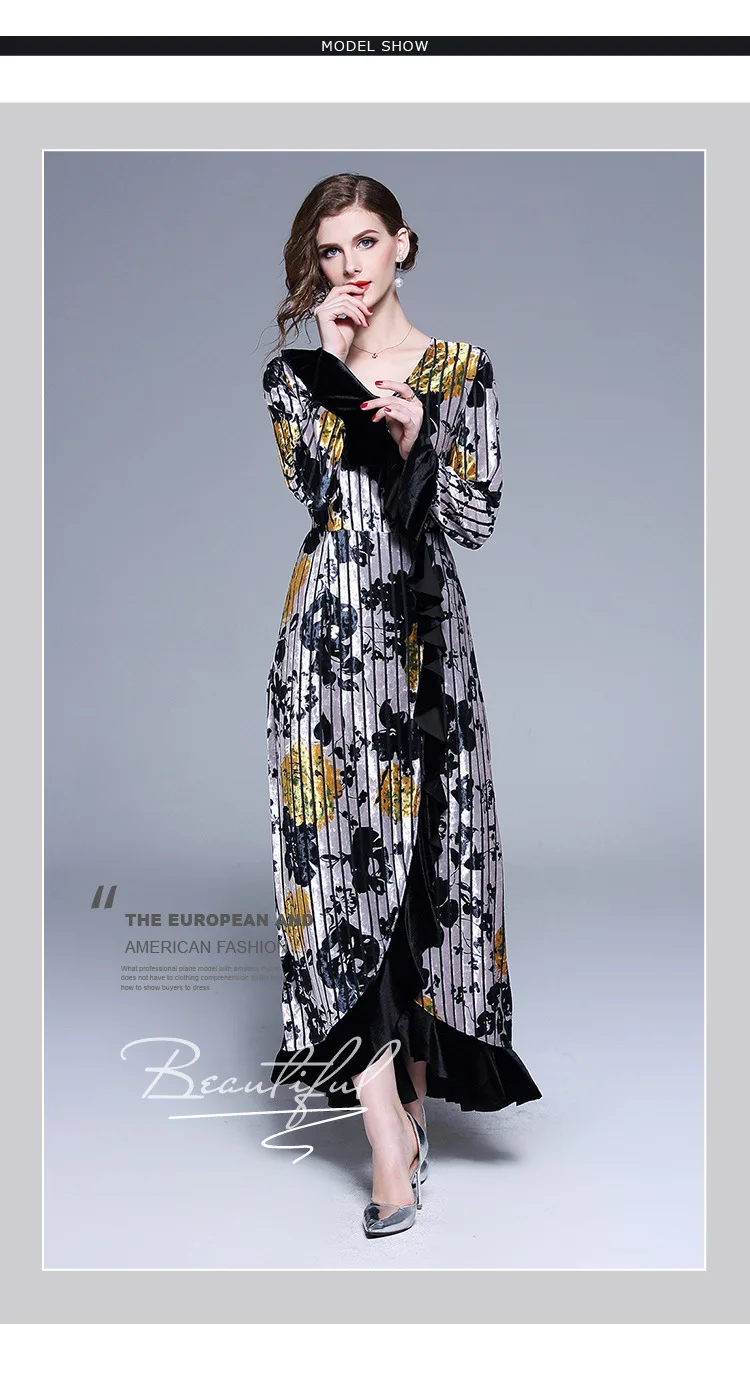 Женское модельное платье макси элегантное с V-образным вырезом длинным рукавом и