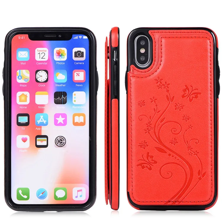 Red Tikitaka Butterfly Pattern Wallet Case For iPhone 7 8 Plus XR XS Max Magnet Leather Flip Cases For iPhoneX 7Plus 6 6S Plus Cover - Color: Red