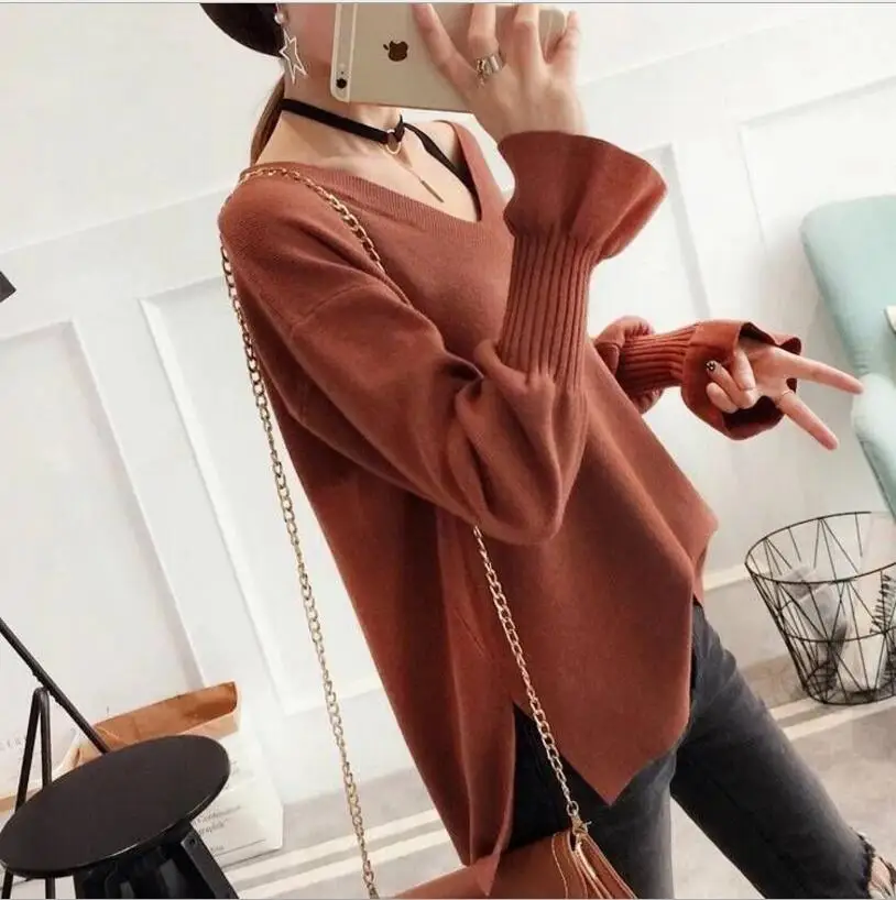 2019 women's sweater winter v-neck candy color loose wool warm pullovers blouse | Женская одежда