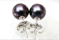 free shipping aaa 7mm perfect round black blue akoya pearl earring silver mothers