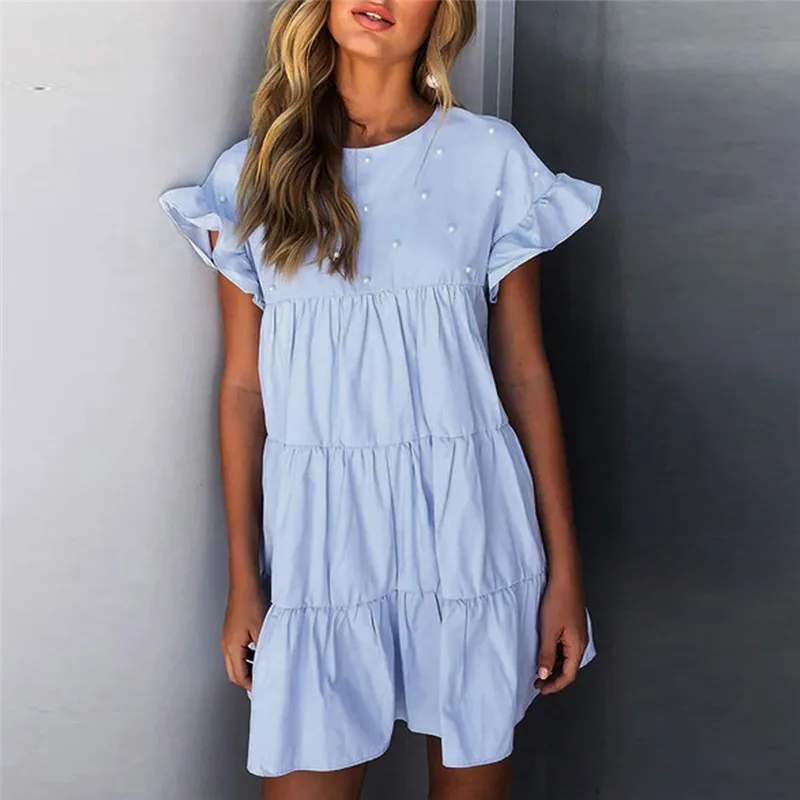 Light blue JAYCOSIN летнее женское платье с оборками, коротким рукавом и круглым вырезом, одноцветное Свободное платье, вечерние мини платья, милый Повседневный Сарафан - Цвет: Light blue