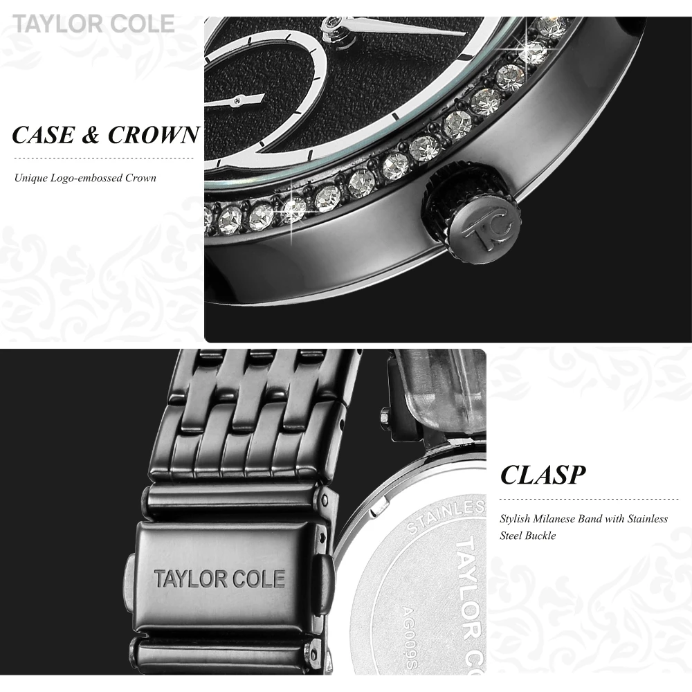 Женские кварцевые часы Taylor Style роскошные женские со стальным ремешком черный