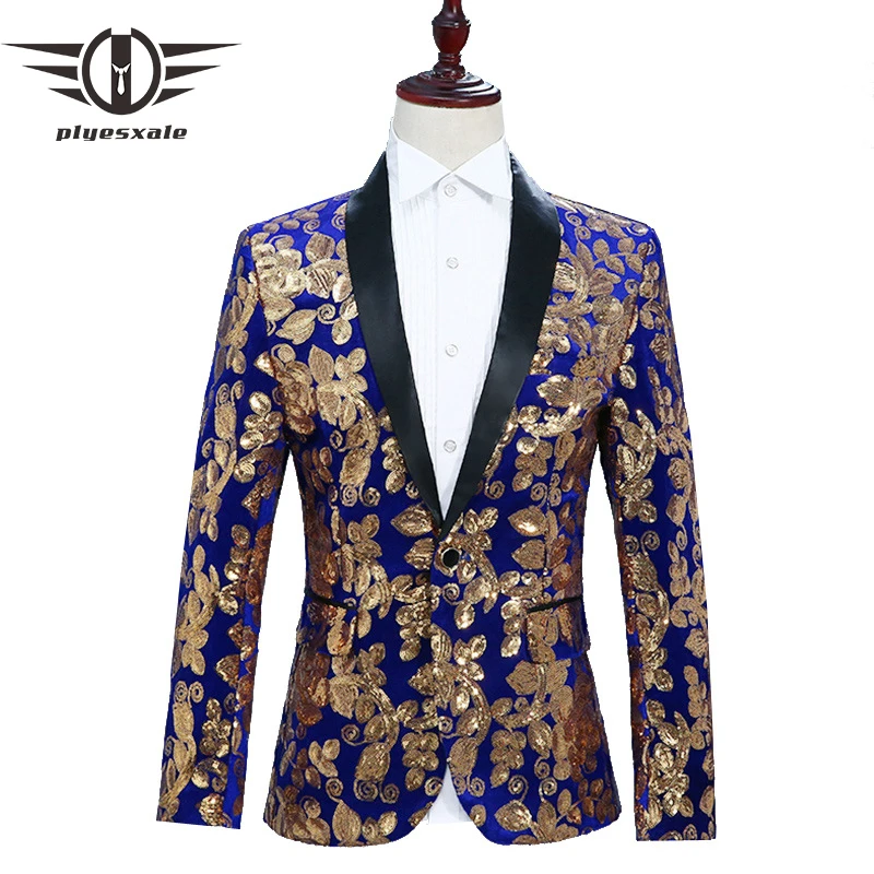 

Plyesxale Floral Blazer Men Slim Fit Mens Sequin Jacket Singer DJ Party Stage Blazers Prom Wear Black Royal Blue Red Grey Q286