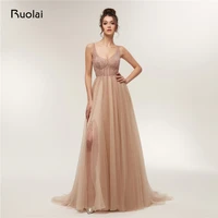sexy prom dress 2019 low neck a line beaded evening dresses long with slit luxury prom party gown robe de soiree re12