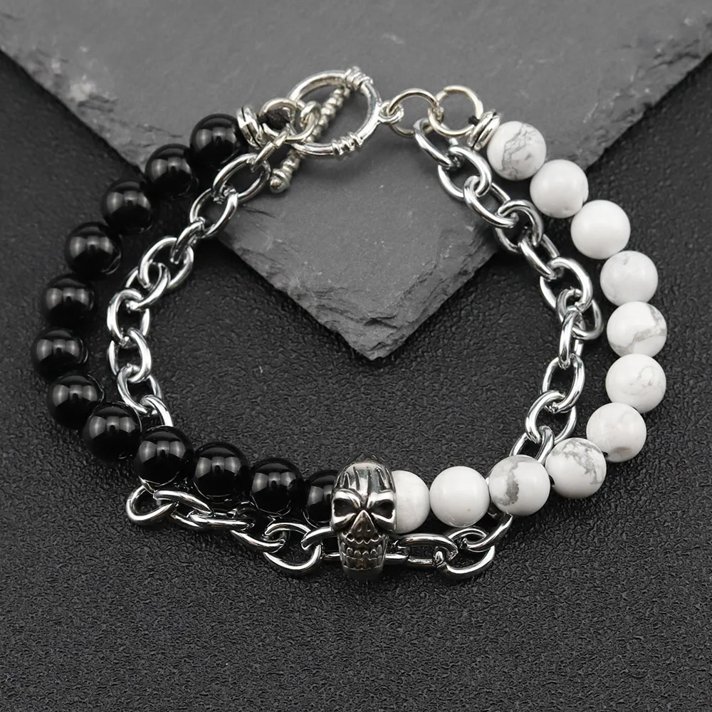 Натуральный камень бусины браслет рок нержавеющая сталь Скелет Череп с