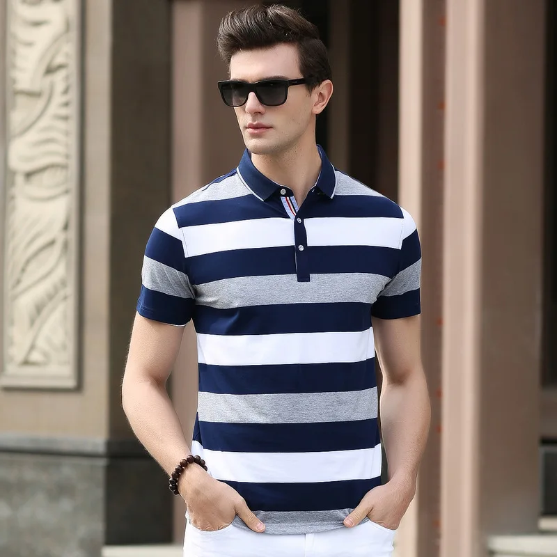 

Men's T-shirt strip for summer 2017 newest Turn-down Collar Fashion Tops T-shirt Free shipping