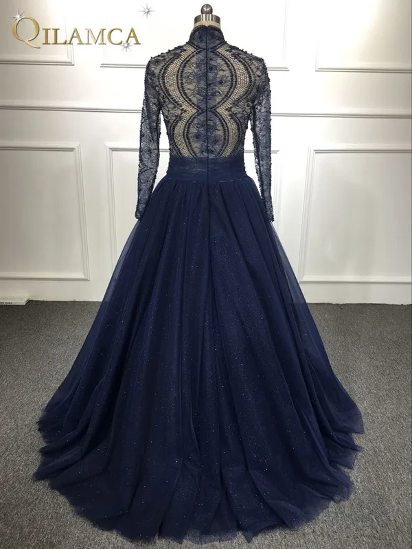 Arabic Evening Dresses Elegant Floor Length 2018 Long Sleeves Prom Party Gowns Dark Navy prom dress | Свадьбы и торжества