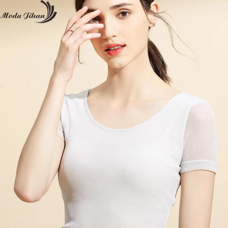 Moda Jihan женская рубашка с блестками блестящая сетка короткий рукав круглым