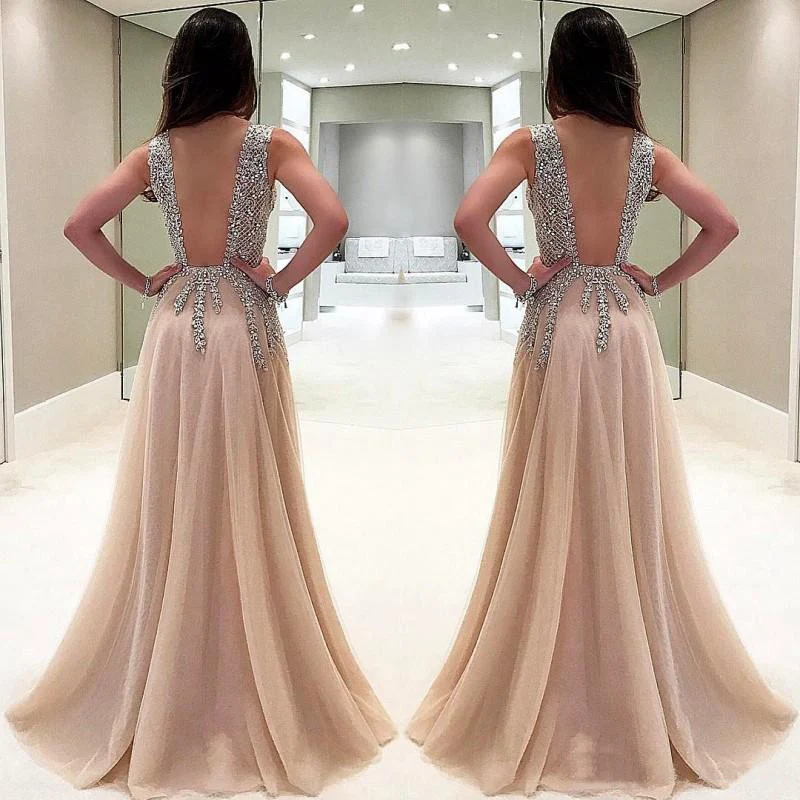 Длинные вечерние платья цвета шампанского с V образным вырезом и разрезом