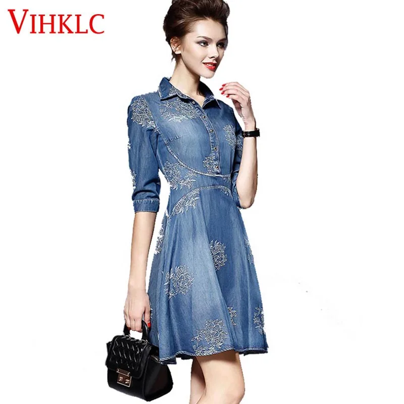 Vestidos 2017 denim dress женщины плюс размер половина рукава лето blue jeans для женщин дамы