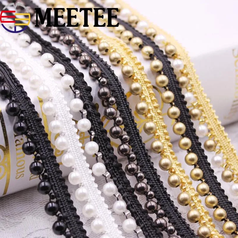 4 ярдов Золотая кружевная лента с бусинками жемчужная нейлоновая Отделка Ткань