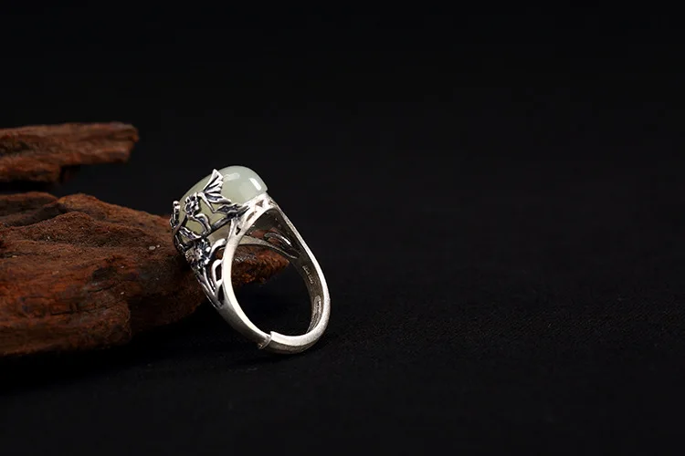 

KJJEAXCMY Boutique jewelry S990 silver coin antique inlaid natural Hetian jade white jade lady high-end Open Silver Ring