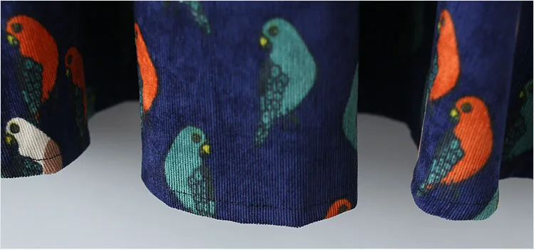 2018 осеннее женское вельветовое платье с принтом птиц темно синее ТРАПЕЦИЕВИДНОЕ