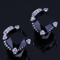 splendid square black cubic zirconia white cz silver plated clip hoop huggie earrings v0904