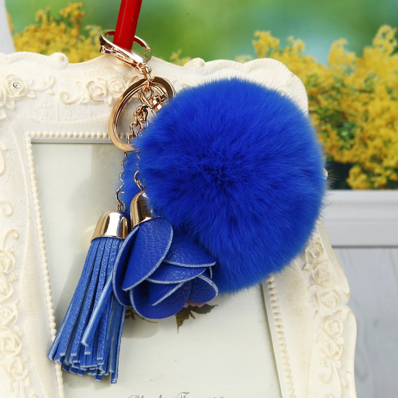 Fashionable cute plush hair ball key holder female leather flower chain pearl car ring bag pendant charm jewelry | Украшения и
