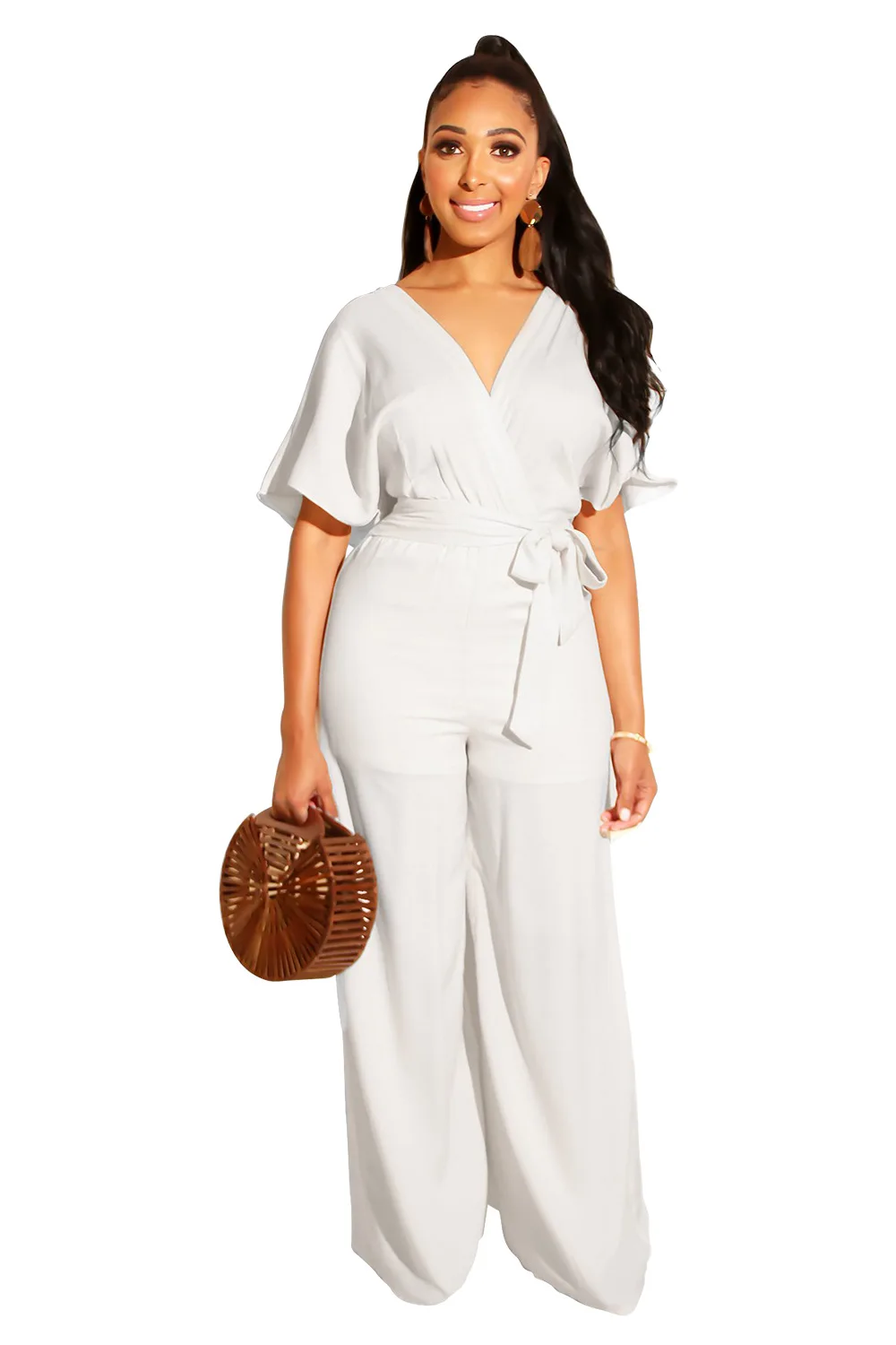 Женский свободный комбинезон с поясом коротким рукавом и V-образным вырезом |