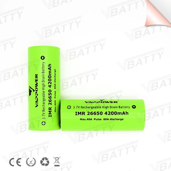 Vappower IMR 26650 4200 мА/ч, 60A 3,7 V аккумуляторная батарея Li-mn общего назначения Мощная батарея с плоским верхом(1 шт