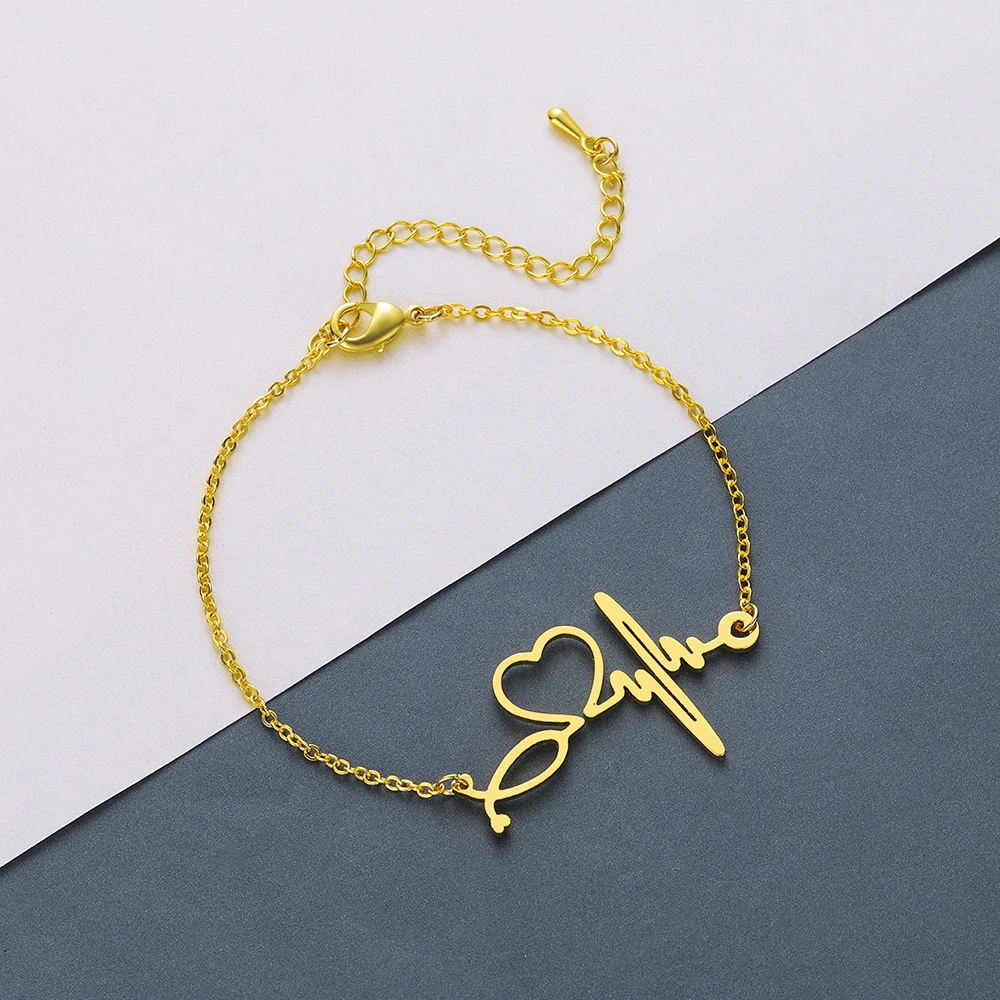 

Chandler Gold Rose Color Stainless Heartbeat Bracelet & Bangle For Women Cardiogram ECG Charm Stethoscope Link Chain Lover Best