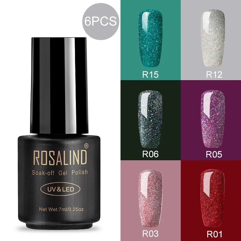 Гибридный гвоздь ROSALIND, Гель-лак для маникюра, дизайн ногтей, 7 мл, Радужный цвет, УФ акриловый Гель-лак для ногтей, набор, верхнее покрытие - Цвет: RA-6GELS-26