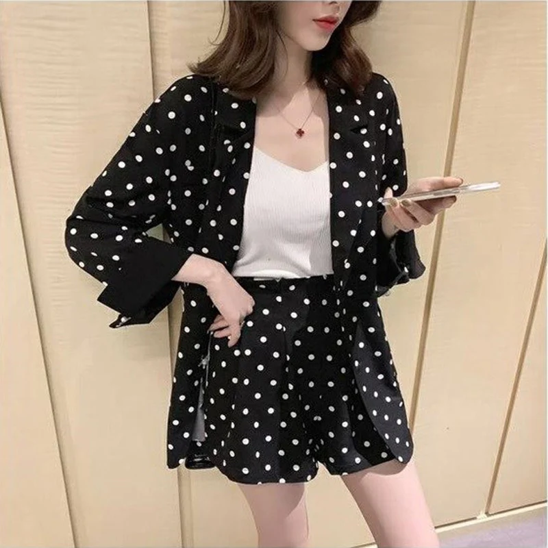 Модный женский короткий костюм в горошек свободный тренировочный пиджак рубашка
