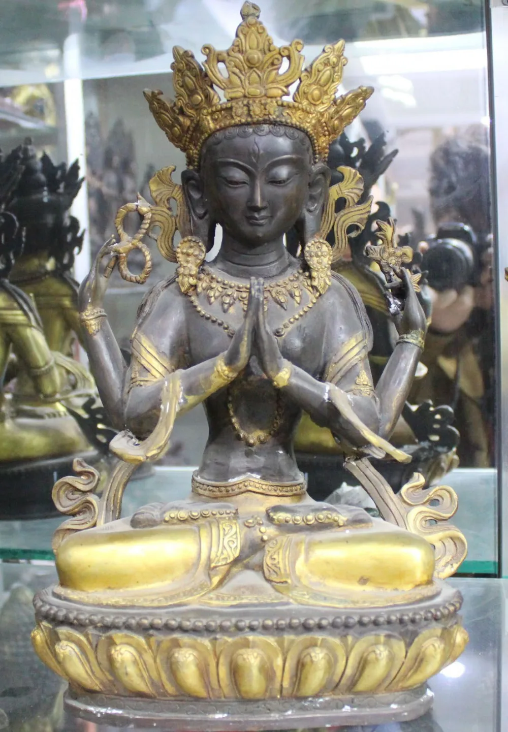 

Xd 002129 14 дюймов Тибетский буддизм, бронзовый Gilt 4 Arms Chenrezig Buddha статуя Авалокитешвара