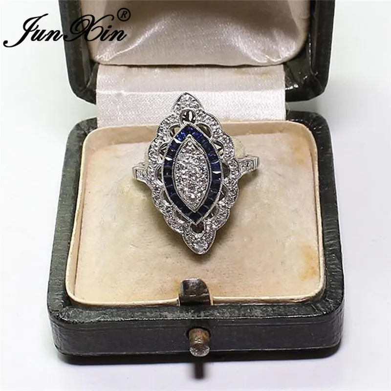 JUNXIN, антикварные 925 пробы, заполненные серебром, с голубым камнем, маркиза, большие кольца для мужчин и женщин, винтажные, зеленые, циркониевые, очаровательные, обручальные кольца