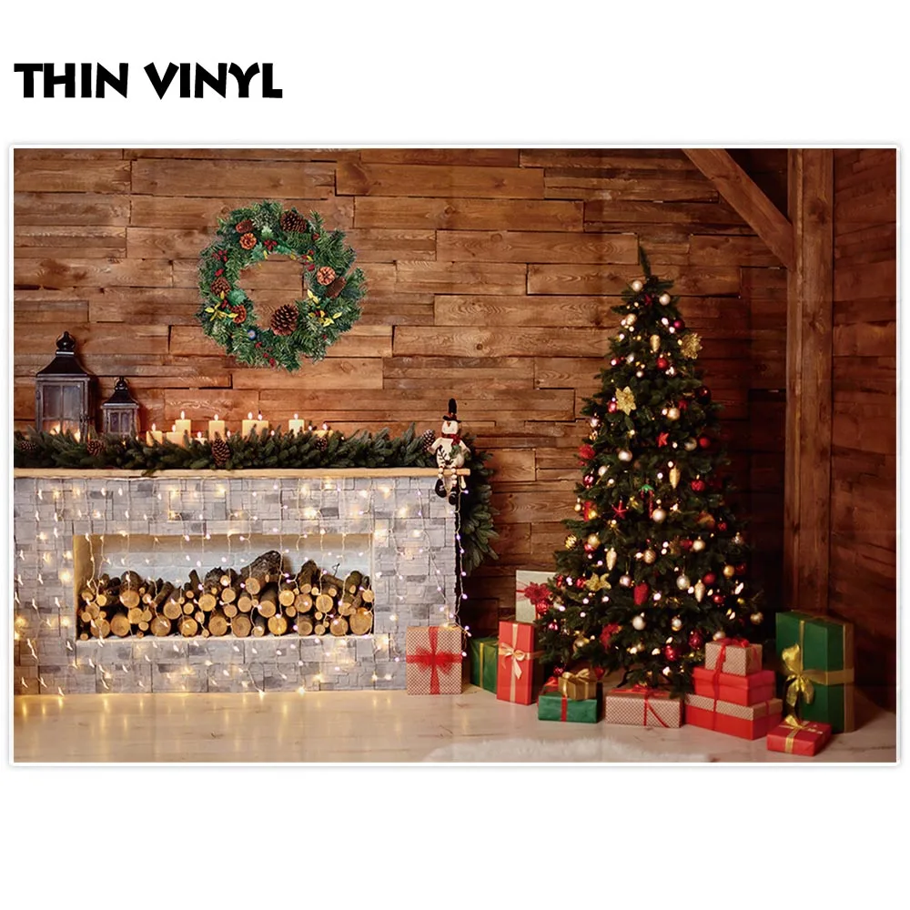 Фон Allenjoy для фотосъемки Рождественская елка камин деревянная стена подарок