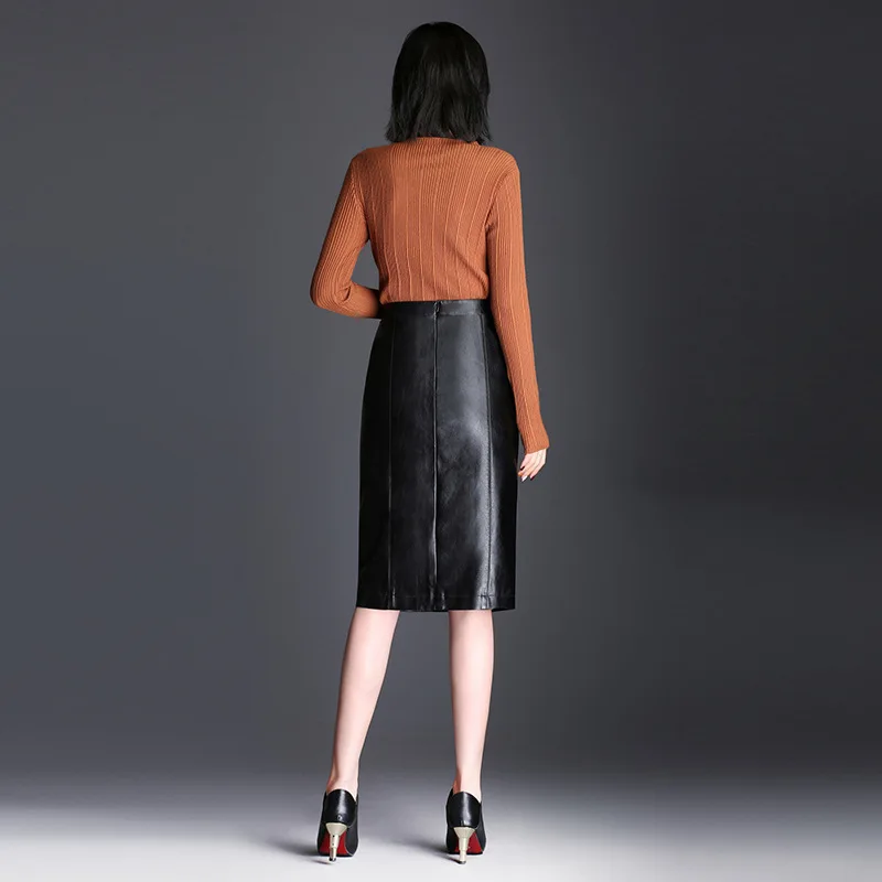 LXUNYI осенне зимние юбки женские черные кожаные на пуговицах с высокой талией