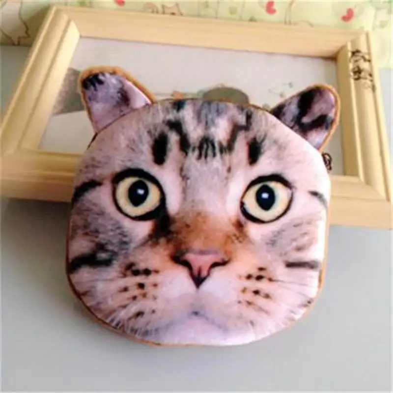 3D милый кошелек для девочек, Сумка с животным лицом на молнии, мини-кошелек для монет с кошкой, плюшевый Кошелек для собак, кошек, детский маленький мешочек для монет