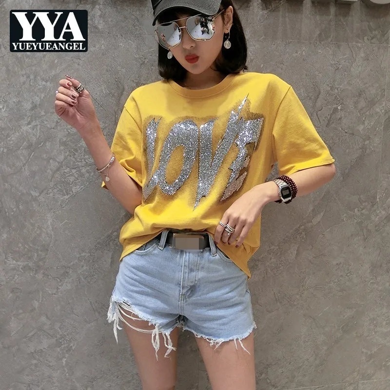 

Summer New Arrival Short Sleeve O-Neck Pullover Womens T-Shirts Fashion Letter Diamonds Loose Casula Streetwear Female Tees Top