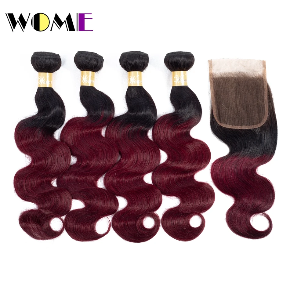 Женские бразильский рыжие волосы Bodywave 4 Связки с закрытием человеческих волос