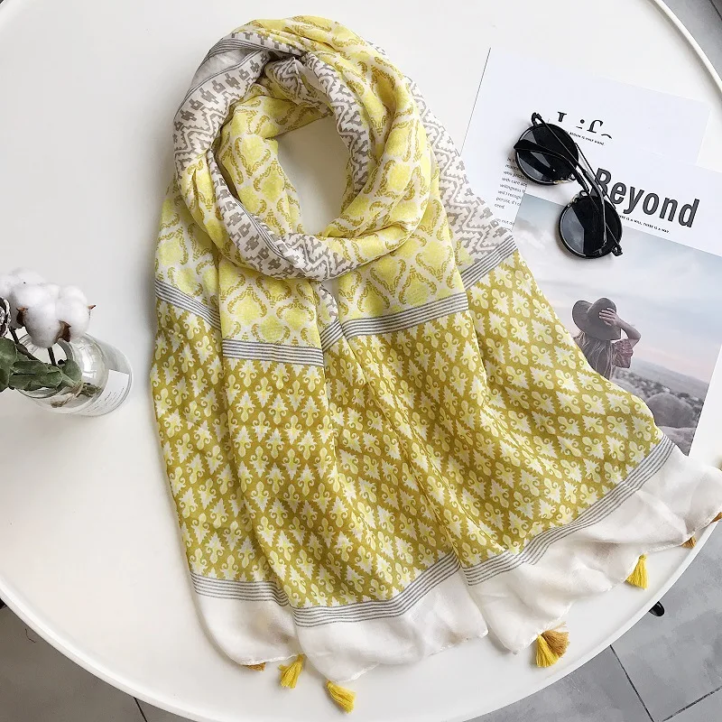 Новинка весны 2019 винтажные шарфы с кисточками и цветочным принтом шали пляжный