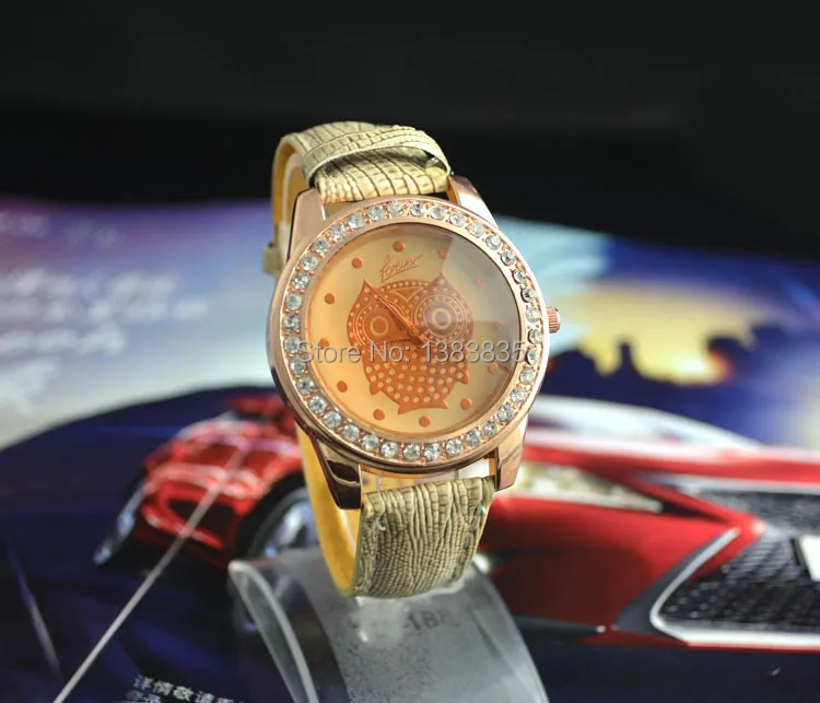 Leather watch roll 2014 wholesale fashion owl womens embed rhinestone Rose gold leather analog quartz free shipping|watch calendar|watch dualwatch