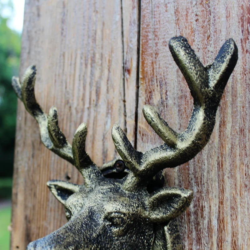 Animal Deer Stags Head Hook Wall Hanger Rack Holder Cast Iron Organizer Wall Mounted Bronze Rustic Home Decor Garden Outdoor