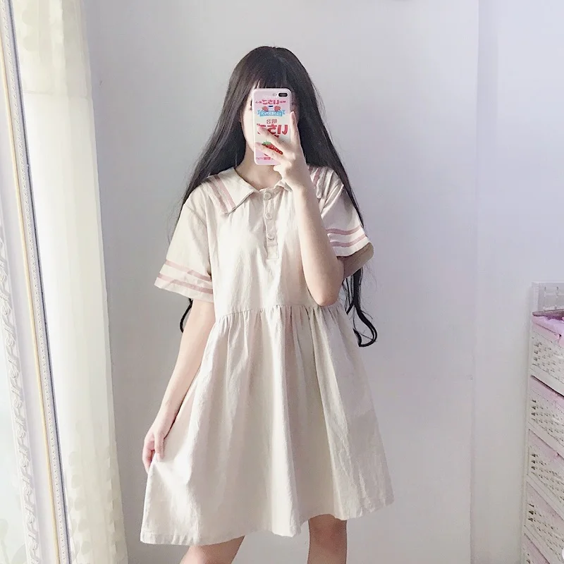 Женское японское розовое платье матросского цвета милое школьное с вышивкой и