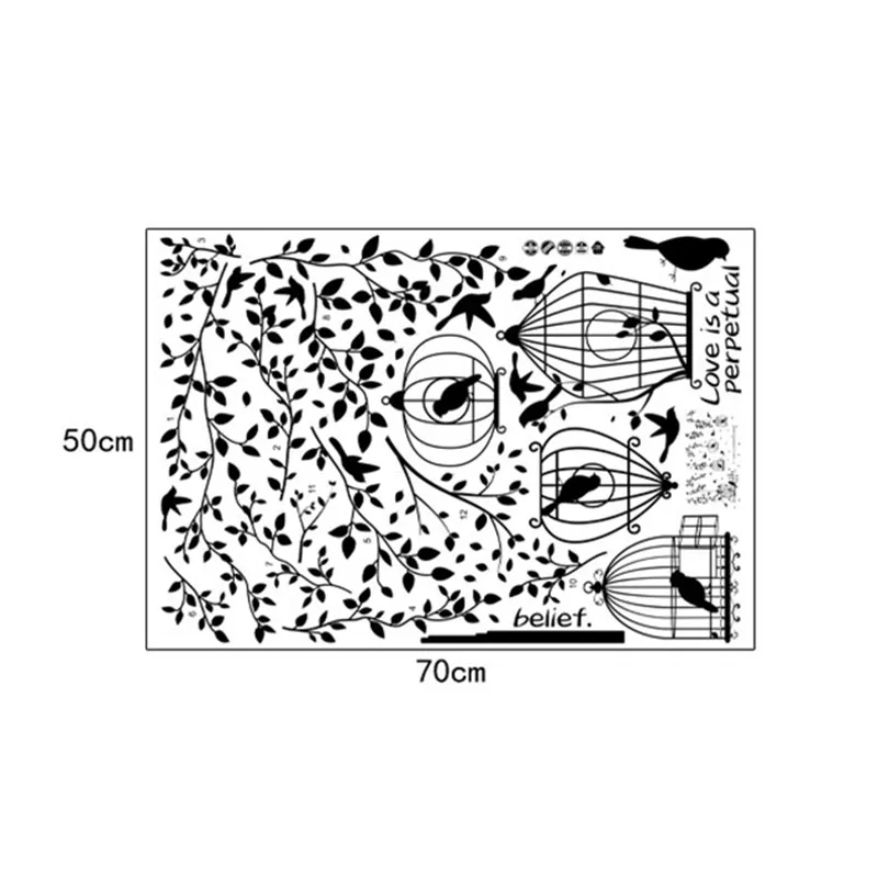 Водостойкая Настенная Наклейка Черная птичья клетка силуэт Лист настенная