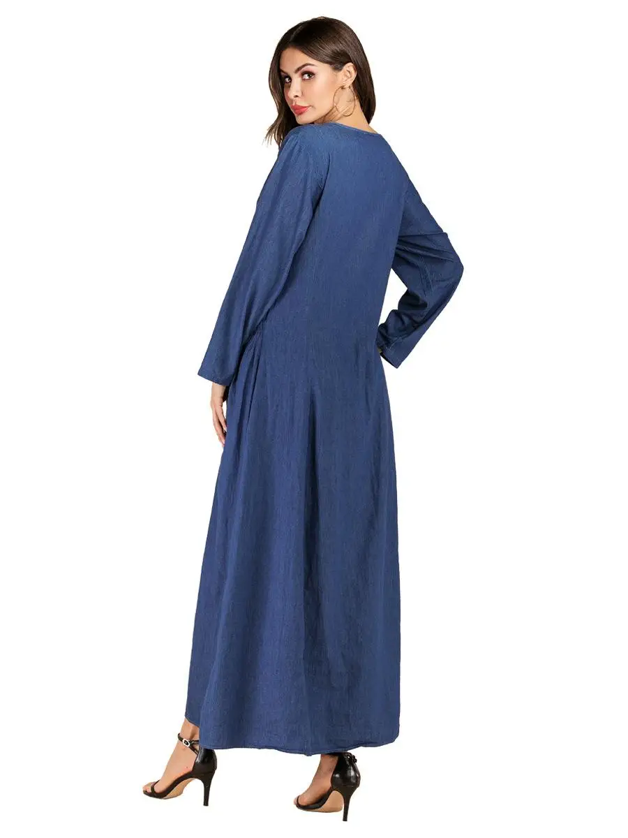 Новые женские мусульманские Длинные платья Abaya джинсовый кафтан халат с