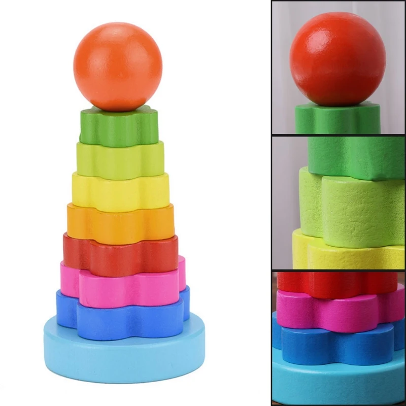 

HBB Baby Kid Education Wooden Toy Stacking Nest Learning Stack Up Rainbow Tower Ring