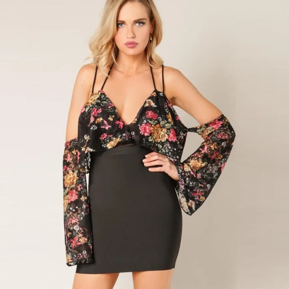 2018 Новая Мода Изящные Цветочные Кружева Черный Длинные Рукава Знаменитости