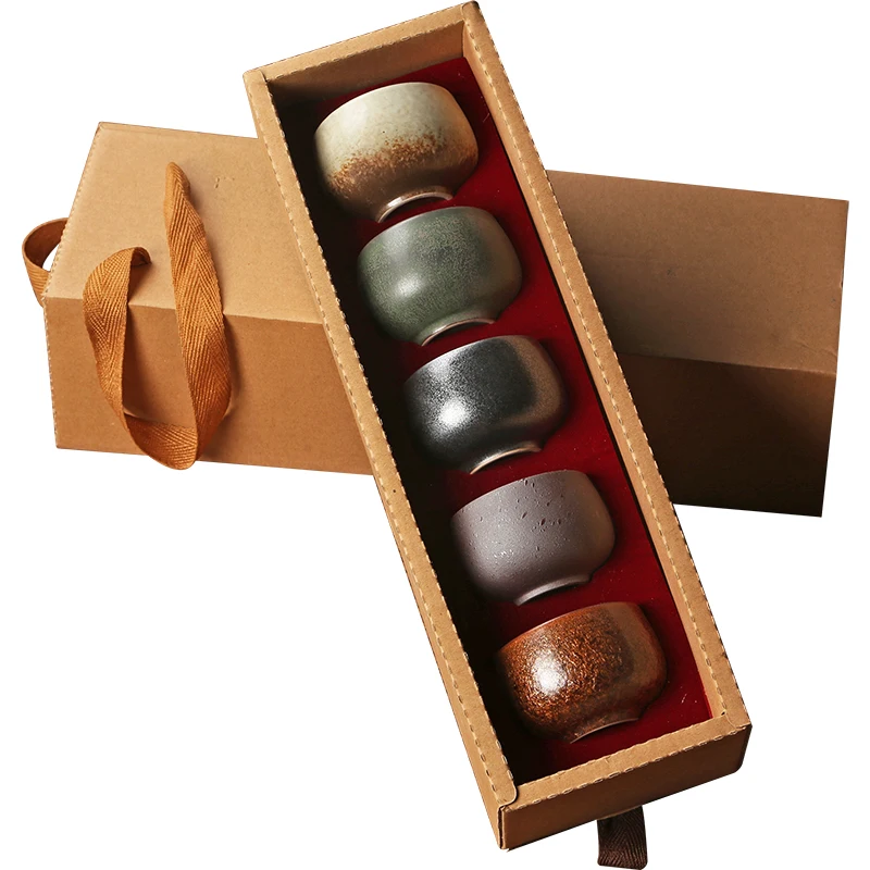 

5pcs/lot Japanese-style Vintage Ceramic Coarse Pottery Teacup Kung Fu Tea Set Office Master Cup Small Tea Bowl Sake Cup Gift Box